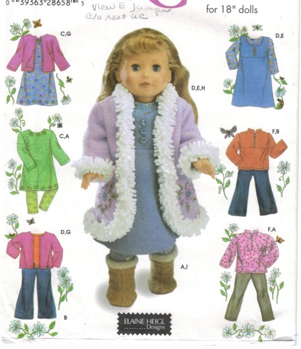Simplicity Pattern 4786 18″ American Girls Doll Clothes Wardrobe Coat,  jacket, leggings, tunic, dress, jumper, pants, tops-Used